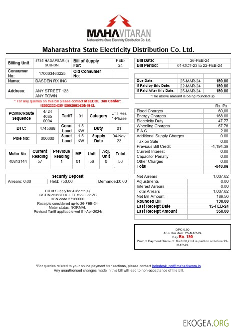Modèle de facture de services publics d'entreprise India Mahavitaran Co Ltd au format Word et PDF
